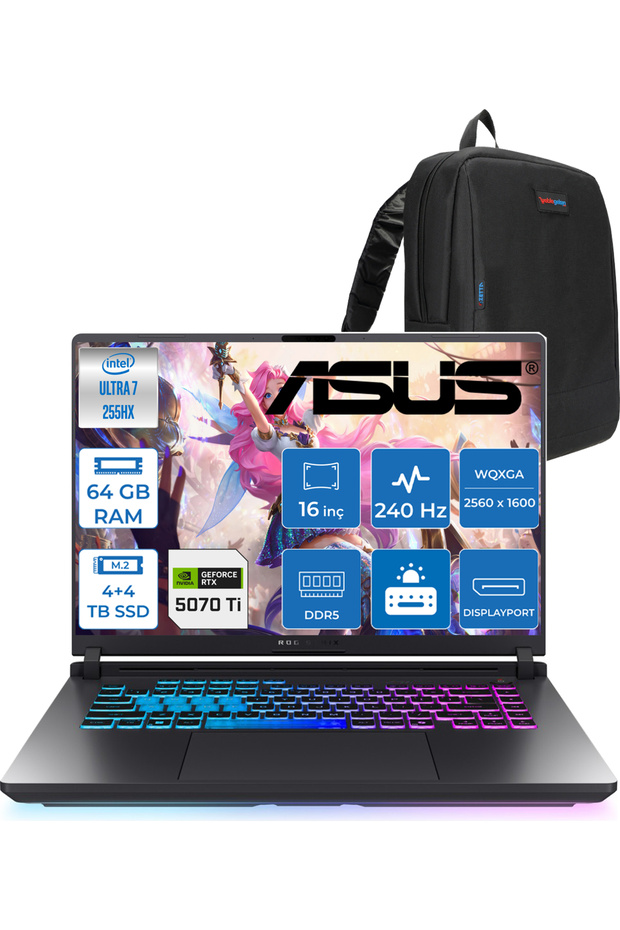 Rog Strix G16 G615LR Ultra 7 255HX 80GB 512GB 12GB/RTX5070Tİ 140W 16" Freedos ZS5212F33 +ZETTAÇANTA - 1