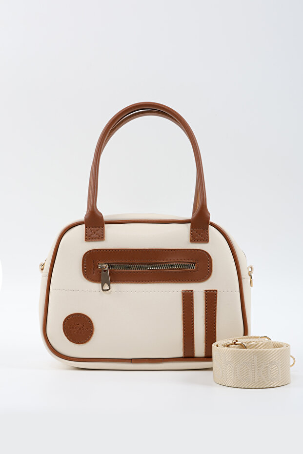 Cream - Tan Shk225 Faux Leather, Two Compartments with Zipper, Column Strap Bowling Hand and Shoulder Bag