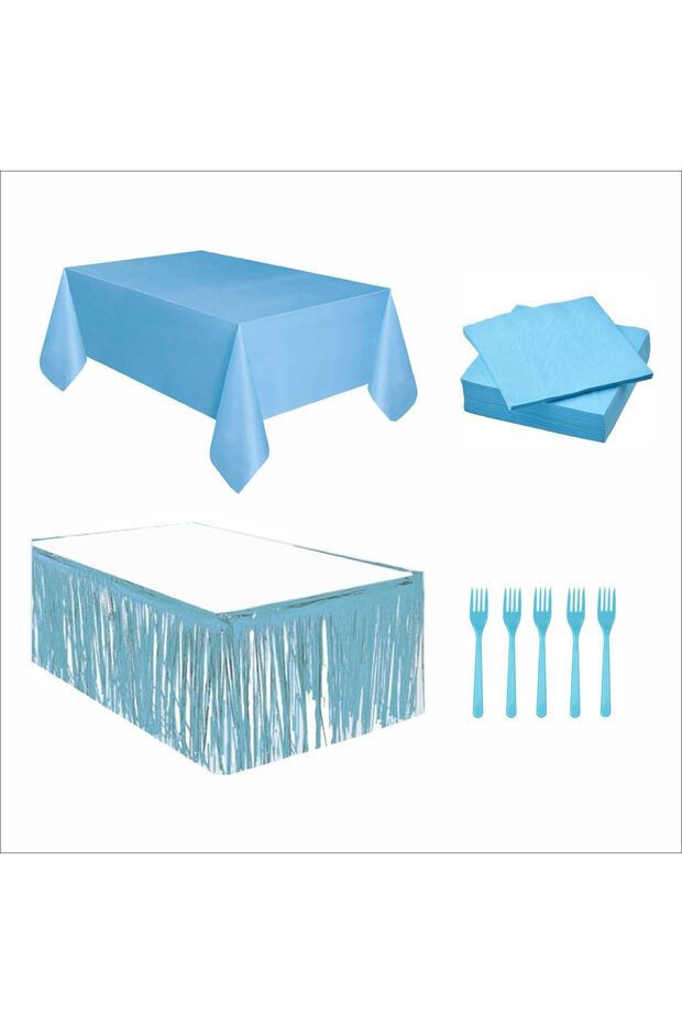 Blue Table Cloth, Blue Table Skirt, 10Pcs Napkins, 10Pcs Forks