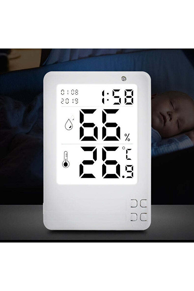 Hygrometer and digital room thermometer with clock and date display, 3.2" illuminated LCD display, 3 - 3