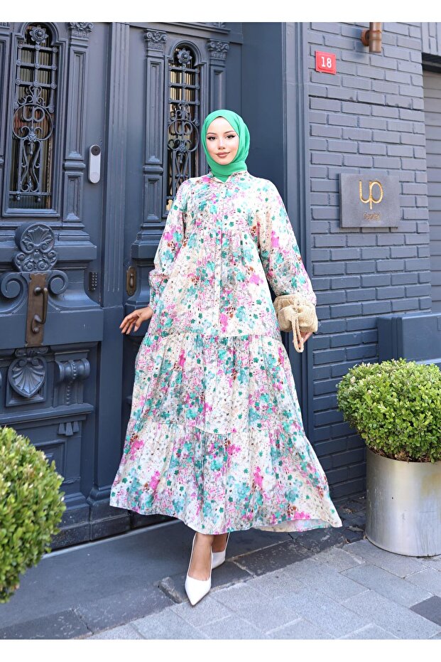 Women's Comfortable Fit Buttoned Patterned Modal Dress