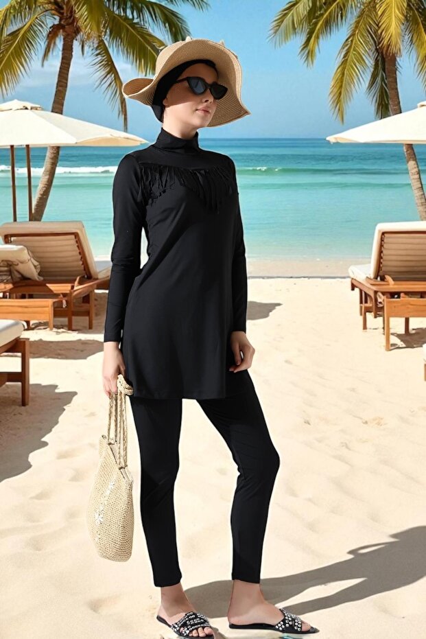 Black Stylish and Quick Dry Black Hijab Swimsuit Set with Tassels | Size 38-44
