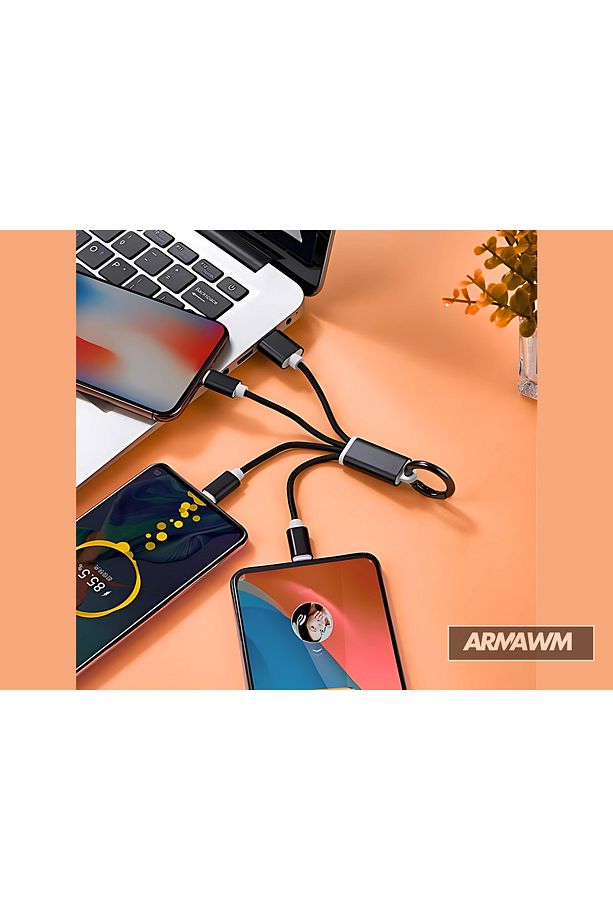 3'ü 1 Arada Anahtarlık Tipi Çoklu Şarj Kablosu - Type-C / Micro USB / Lightning Uyumlu - 1