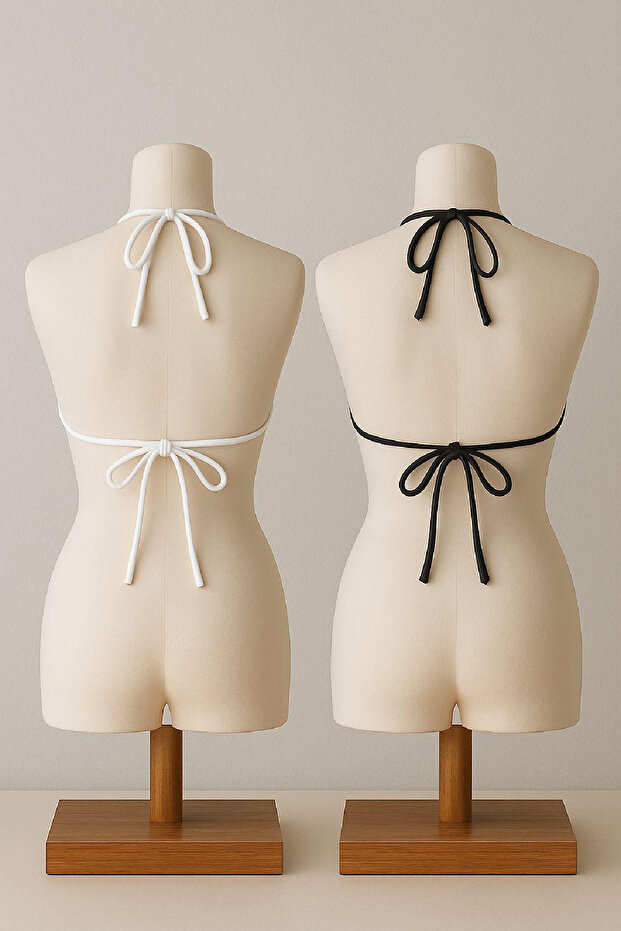 Kadın Siyah ve Beyaz Minimal Kesim Üçgen Bikini Üstü - 7