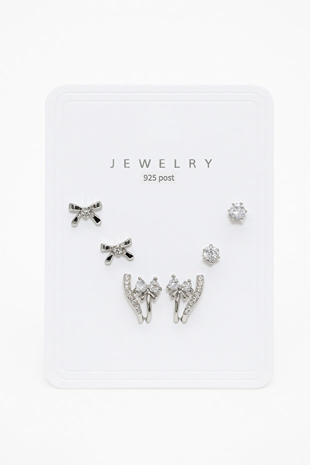 925S Silver Needle Bow Design Zircon Stone 3-Piece Earring Set