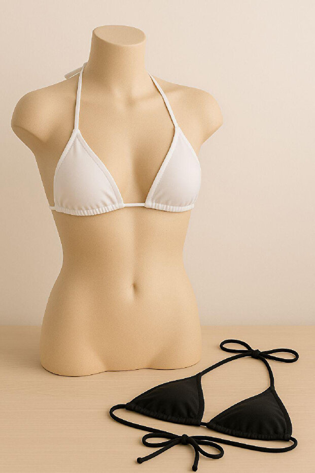 Kadın Siyah ve Beyaz Minimal Kesim Üçgen Bikini Üstü - 5