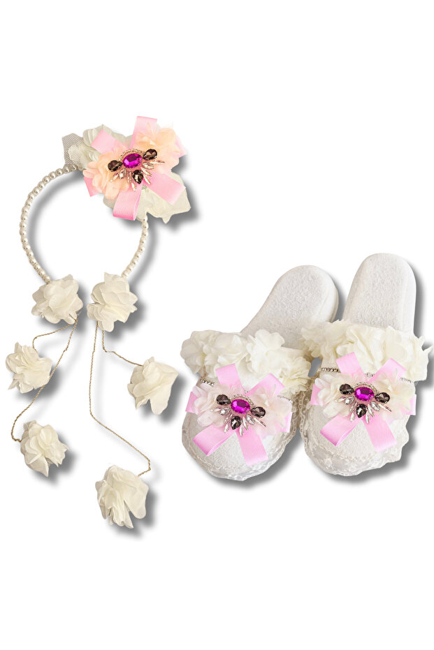 Maternity Crystal Stone Design Slippers and Chain Earrings Model Crown Set with Pearls, Bride