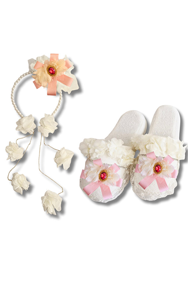 Maternity Crystal Stone Design Slippers and Chain Earrings Model Crown Set with Pearls, Bride