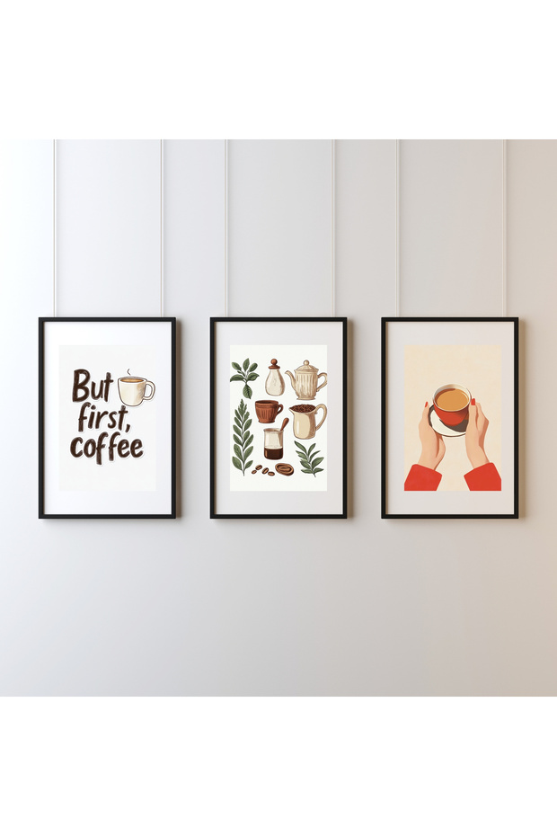 Coffee & Calm – 3’lü Minimal Kahve Temalı Poster Seti, Retro Sanat Baskısı, Duvar Dekoru,tablo - 1
