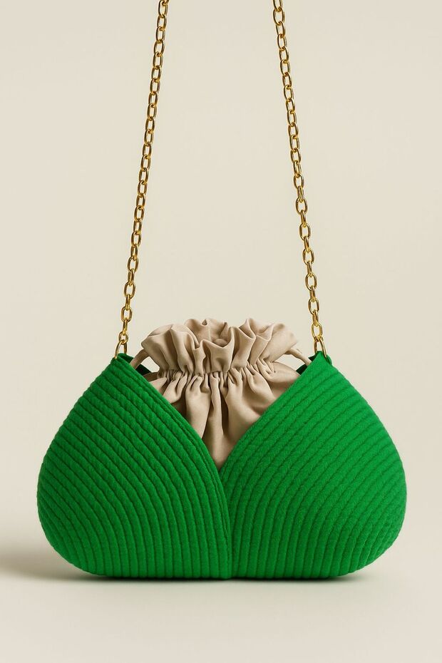 Handmade Knitted Crossbody Bag - Double Color - Drawstring with Chain Strap - 3