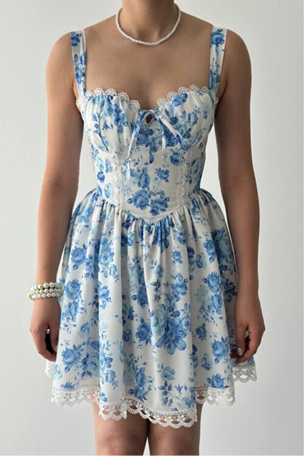 Çiçekli Mini Elbise - 1