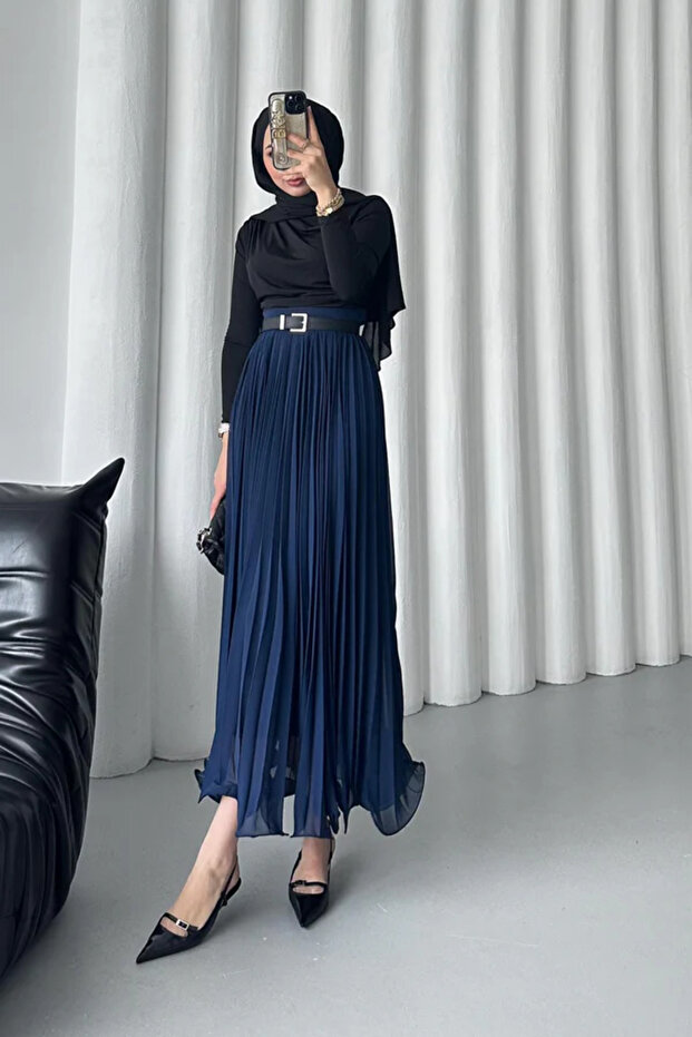Flounce-Lined Long Pleated Chiffon Skirt