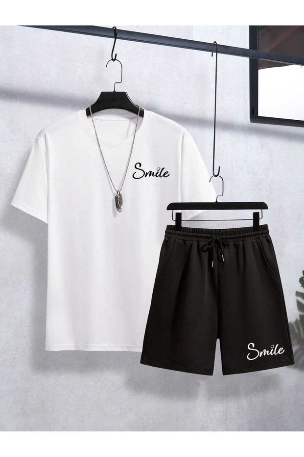 Unisex T-Shirt and Shorts - T-Shirt Bottom Top Set with Shorts Printed Crew Neck