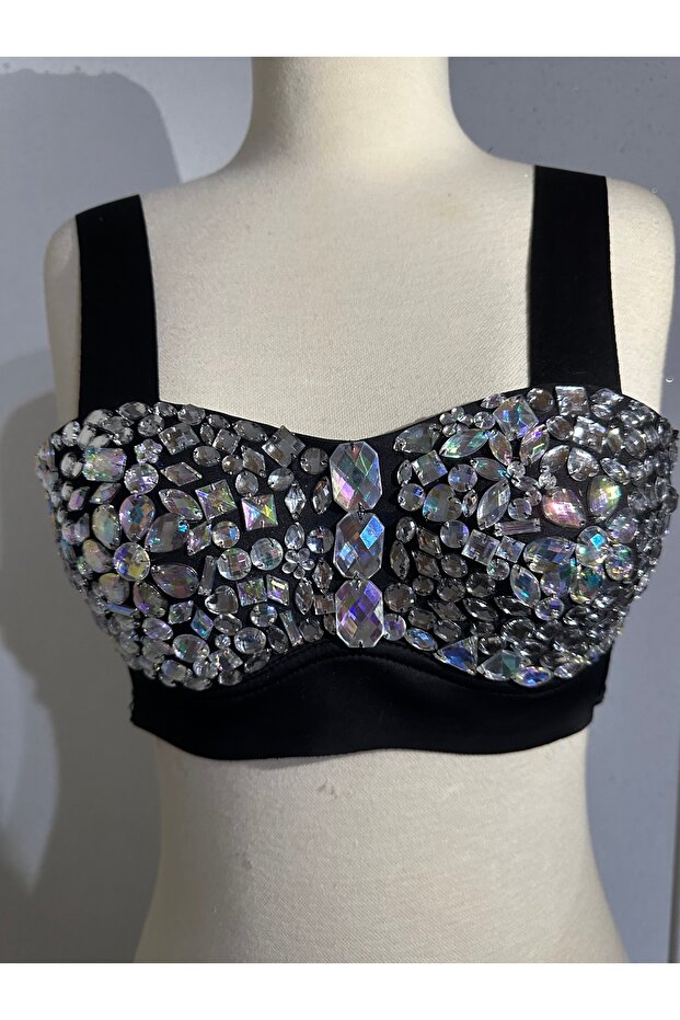 Kristal taş işlemeli geceler ve partiler için uygun push up dolgulu crop - 3