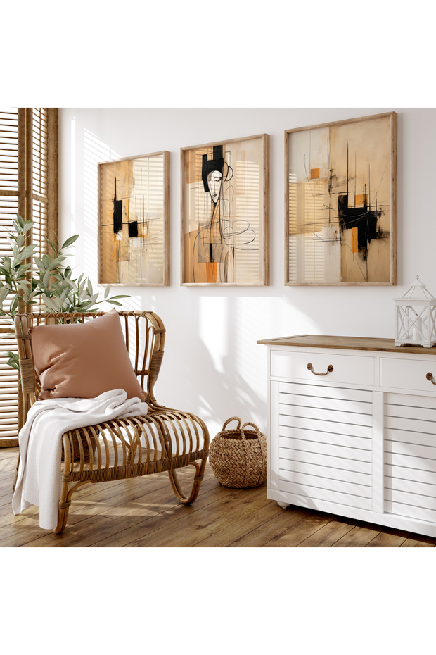 3’lü Soyut Kanvas Tablo Seti - Modern Minimalist Duvar Sanatı, Oturma & Yatak Odası Duvar Dekoru - 4