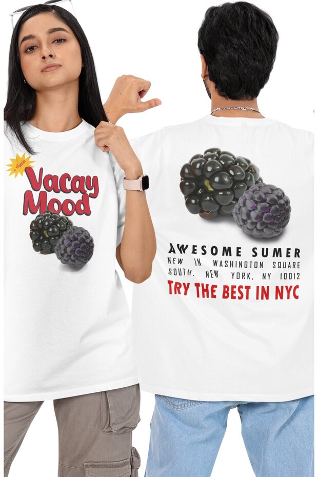 Oversize Vacay Fashion Back Printed T-Shirt, Unisex Summer Fruit Themed Crew Neck T-Shirt