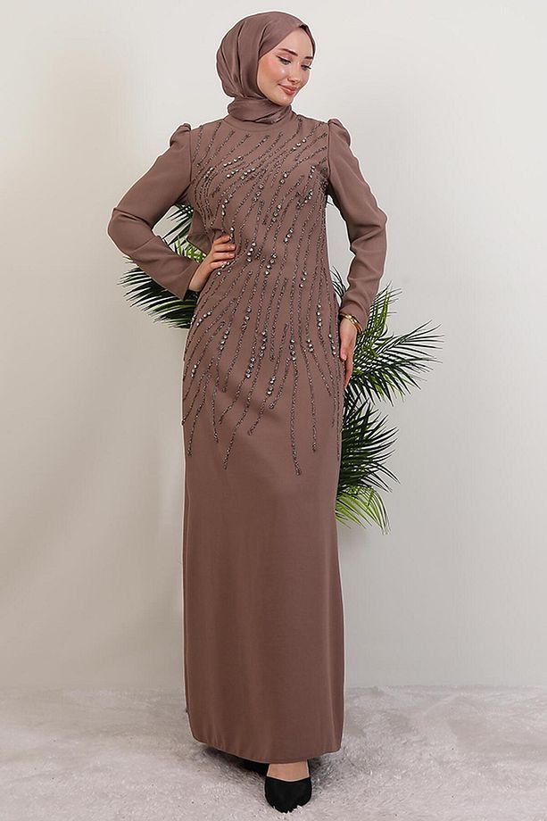 Seher Taşlı Elbise Gül Kahve - 5