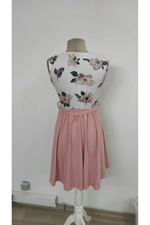 ELEVA FEMME Kadın Sıfır Kollu V Yakalı çiçek Baskılı Beli Kuşaklı Dalgıç Elbise - 6