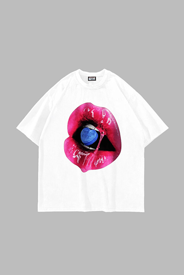 Kiss Me Again Printed Oversize Unisex White Tshirt