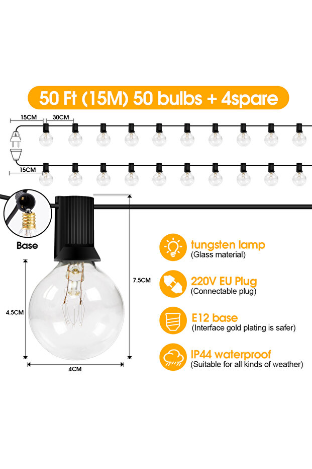 EU Plug 15m 50 bulbs 15M G40 Tungsten Patio Outdoor Garland String Lights, IP65 220V Connectable Han