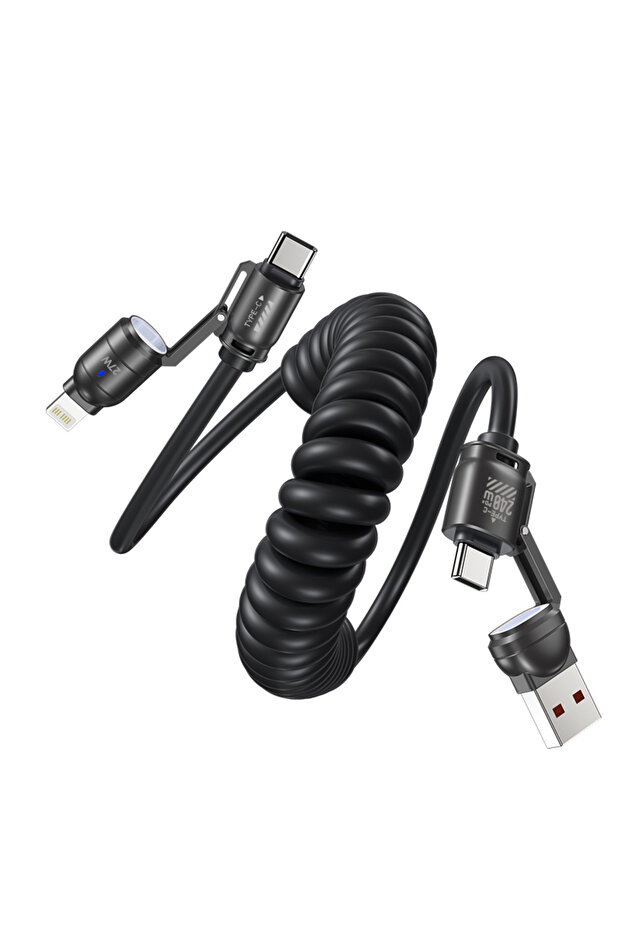 2m(6.6ft) Black QOOVI 240W 4-in-1 USB Type C Cable Spring Telescopic Super Fast Charging USB C Data
