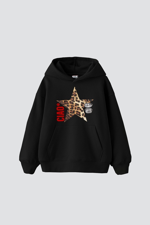 Ciao Star Printed Oversize Unisex Black Hoodie