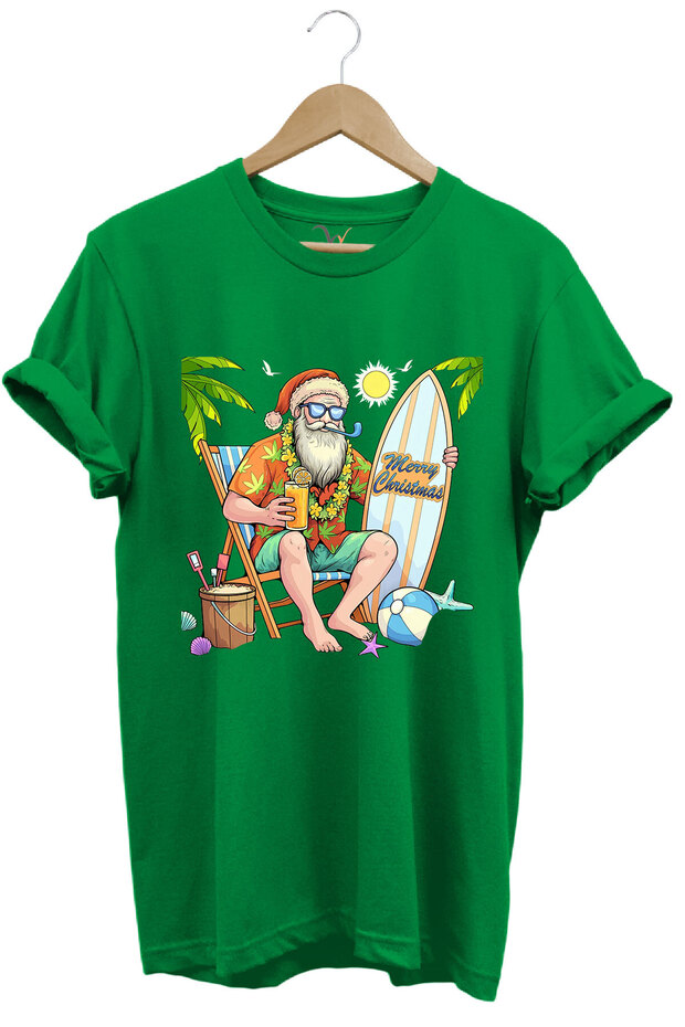 Merry Christmas Summer Themed Beach Santa Claus Printed 100% Cotton Unisex Regular Fit T-Shirt