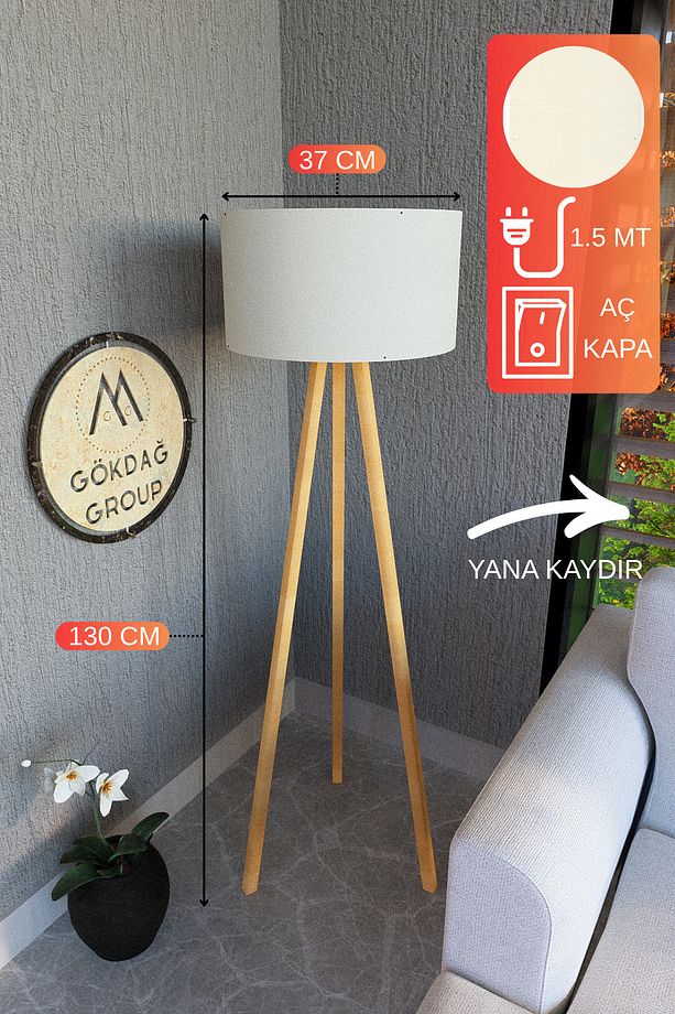 3 Ayaklı MEGA BOY Tripod Lambader Abajur Krem Kumaş Başlık - 1