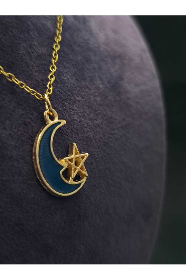 Moon Star Figured Sky Space Linear Design Enamel Embroidered Gold Yellow Plated Steel Necklace