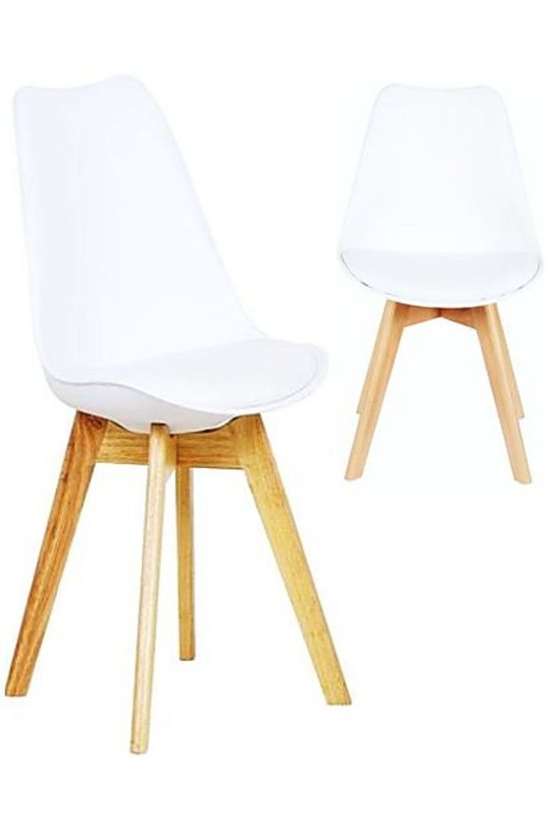 Eamy Single White Tulip Design Mid Century Modern Upholstered Dining Chair White & Beech