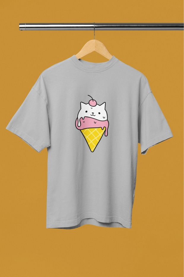 Men/Women Ice Cream Cat Transfer Printed Round Neck Short Sleeve T-Shirt