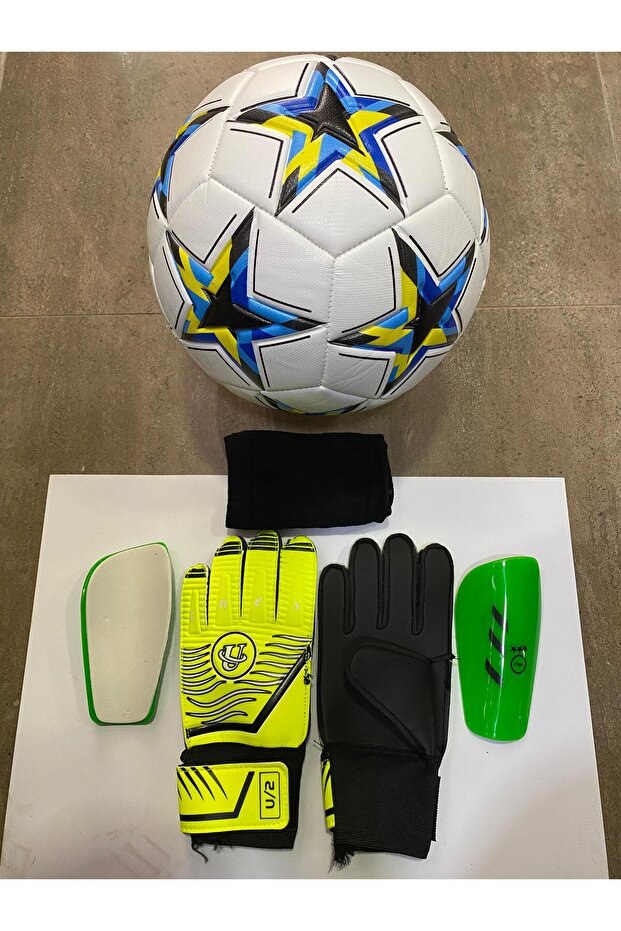 5 No Star Pattern Football Goalkeeper Gloves and Shin Pads Set with Pump Gift