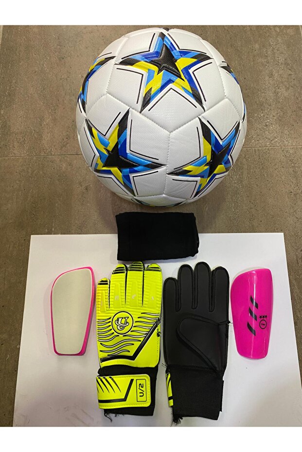 5 No Star Pattern Football Goalkeeper Gloves and Shin Pads Set with Pump Gift