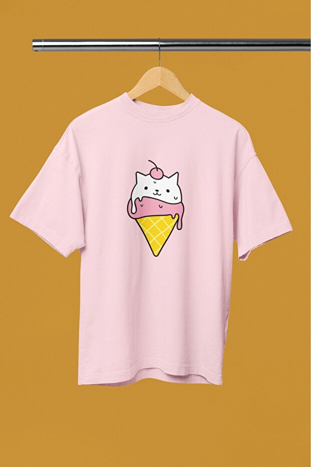 Men/Women Ice Cream Cat Transfer Printed Round Neck Short Sleeve T-Shirt