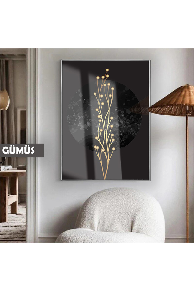 Amazing | Golden Plant Silhouette Abstract Model 01 | Framed Tempered Glass Table Single Vertical