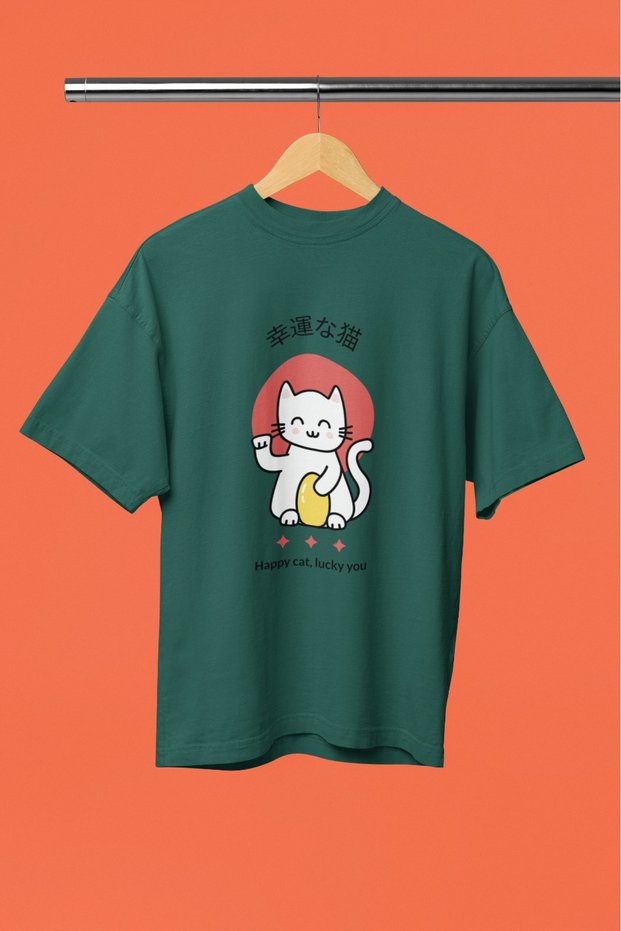 Men/Women Happy Cat Lucky You Transfer Printed Round Neck Short Sleeve T-Shirt