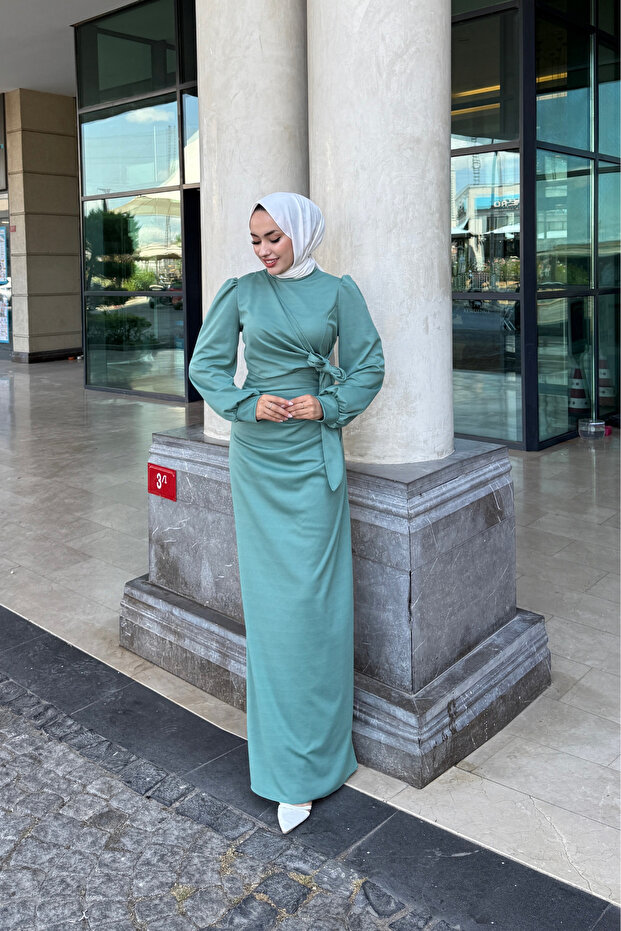 Sahra Side Tie Scuba Hijab Turquoise Dress