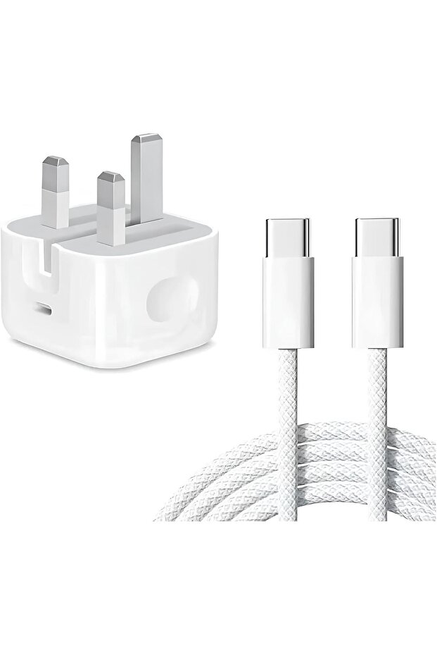 شاحن حائط بقوة 20 واط مع كابل USB-C إلى USB-C من القماش، شحن سريع بتقنية PD، لون أبيض