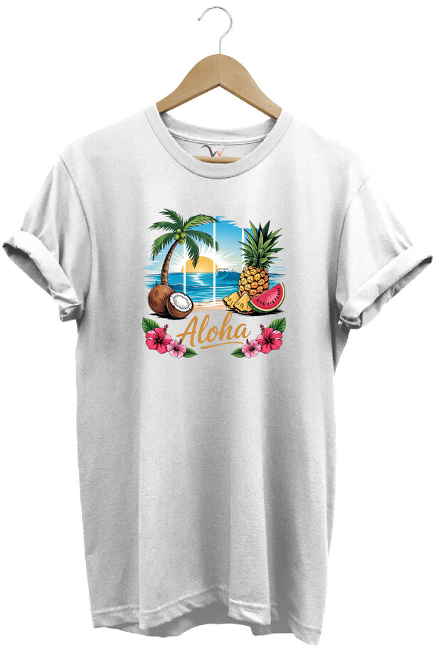 Summer Vibes Aloha Written Coconut Summer Beach Printed 100% Cotton Unisex Regular Fit T-Shirt