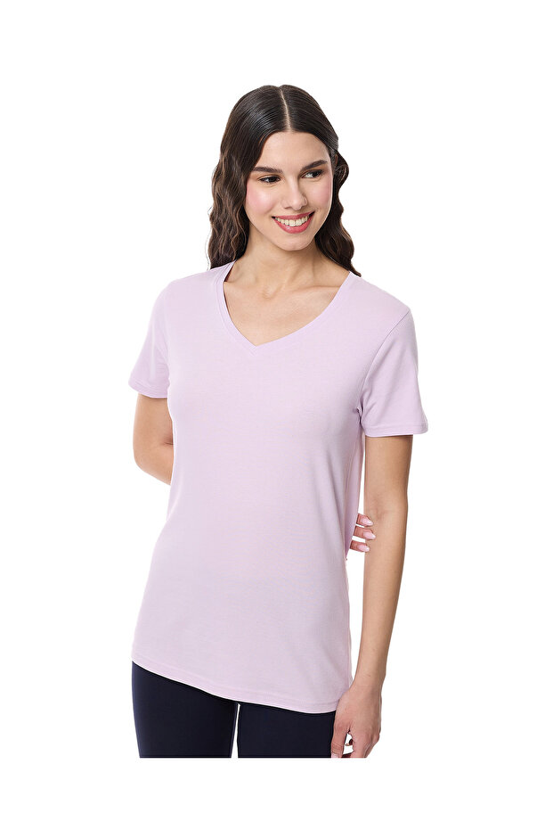 تي شيرت نسائي سادة بفتحة رقبة على شكل حرف V من لافندر فوغ، مقاس 8-18 - 1
