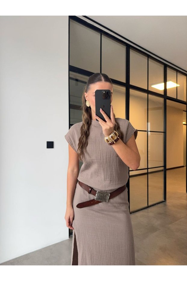 100% Cotton, Slit Back, Brown Muslin Dress
