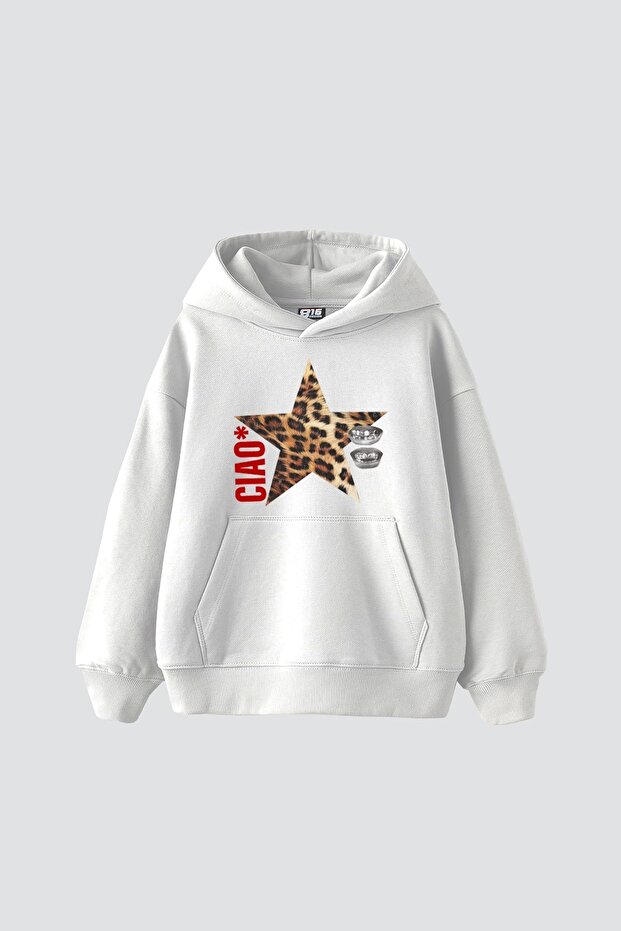 Ciao Star Printed Oversize Unisex White Hoodie