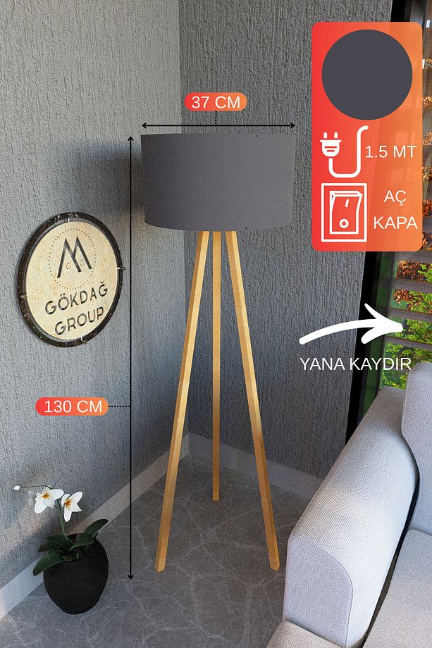 3 Ayaklı MEGA BOY Tripod Lambader Abajur Antrasit Gri Kumaş Başlık - 1