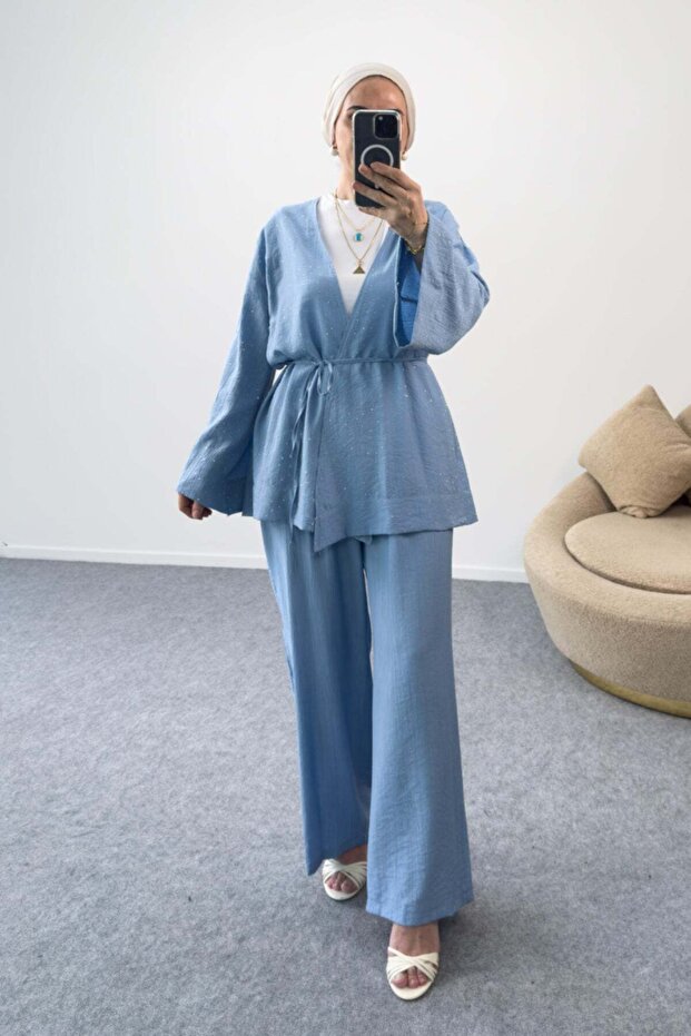 Stone Detailed Belted Kimono Jacket and Wide Leg Pants Two-Piece Set 8869 - Blue