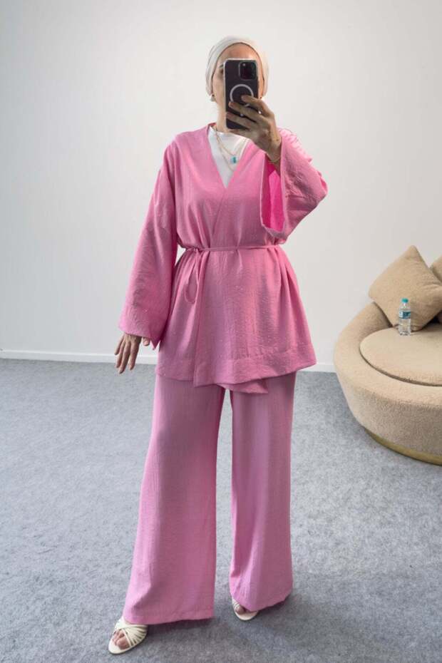 Stone Detailed Belted Kimono Jacket and Wide Leg Pants Two-Piece Set 8869 - Pink