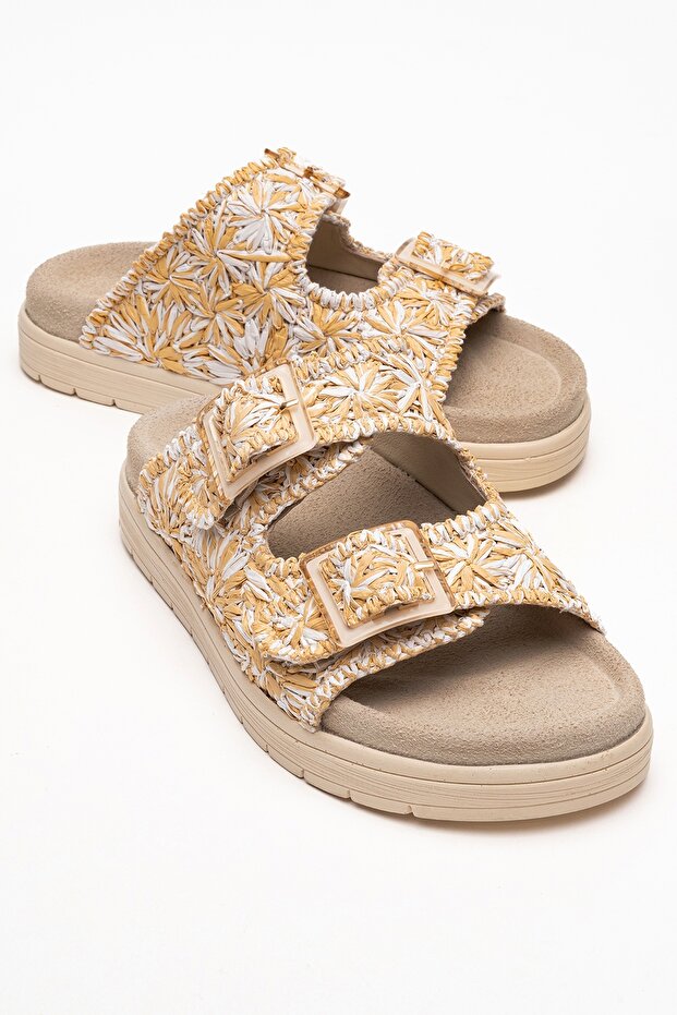 Milana Beige Patterned Genuine Leather Buckle Double Strap Women's Slippers