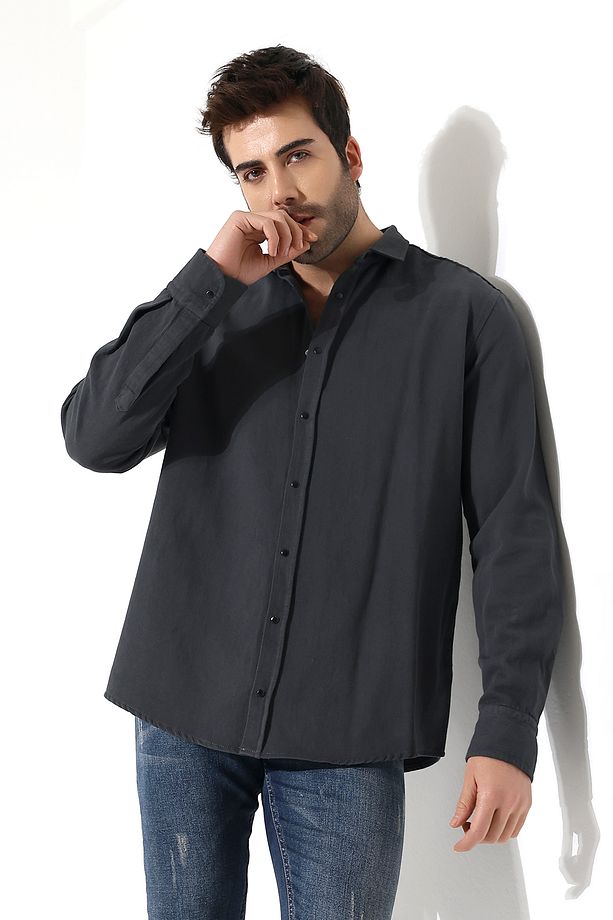 Erkek Gömlek Oversize Kalıp Gabardin Kumaş Çıt Çıt Bağlamalı Gömlek - 5