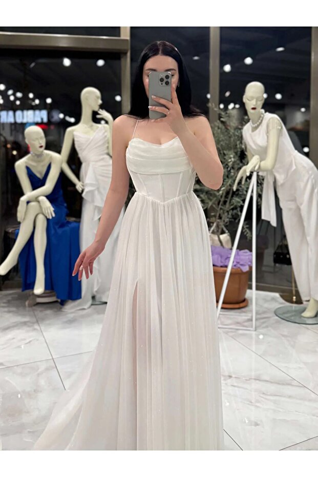 Hadley Chest Draped Corset Adjustable Drawstring Tie Glitter Long Dress