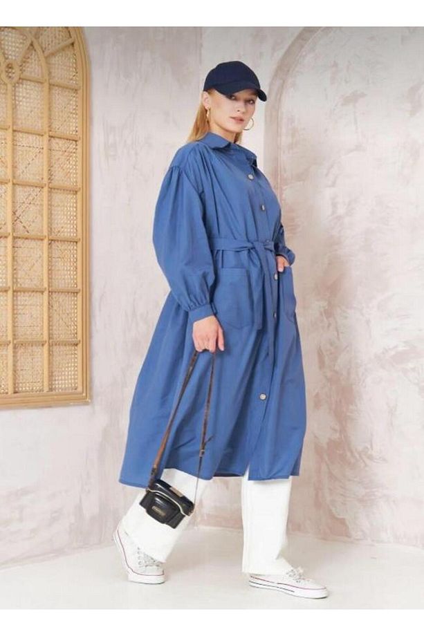 Kuşaklı Düğmeli Oversize Midi Trençkot Kap - 4