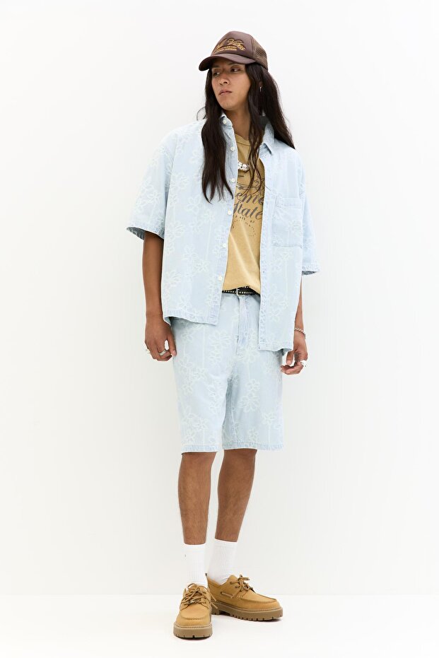 Çiçekli denim gömlek - 4